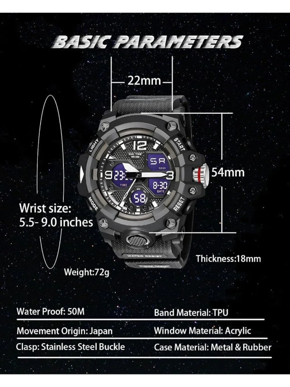 Mens All Black Analog Quartz S-Shock Waterproof Outdoor Sports LED Digital Watch